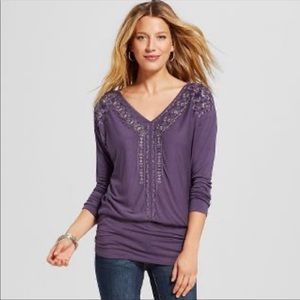 🆕 Knox Rose Embroidered Long Sleeve Purple Tee with Ruched Detailing, Size S